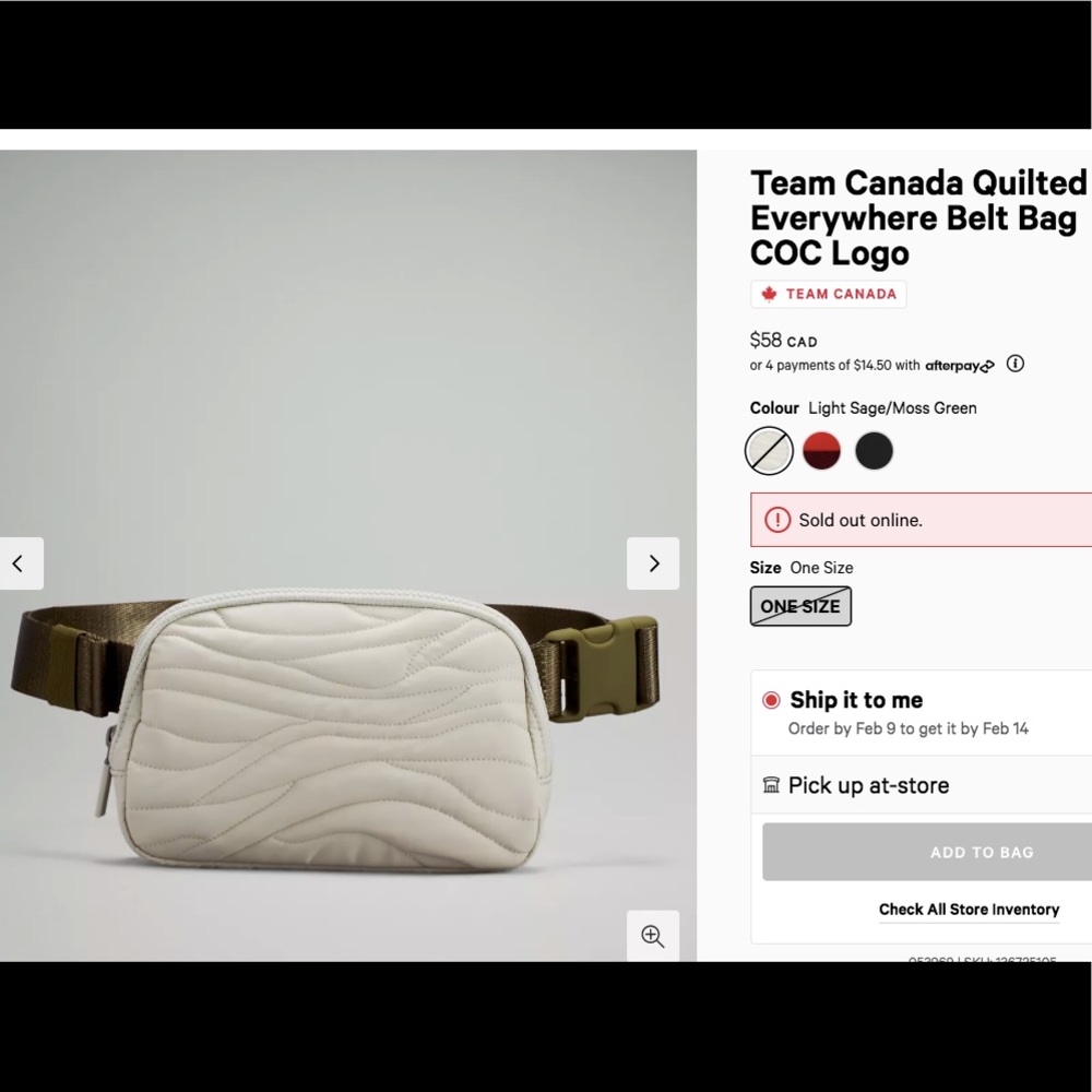 NWT lululemon Team Canada quilted belt bag